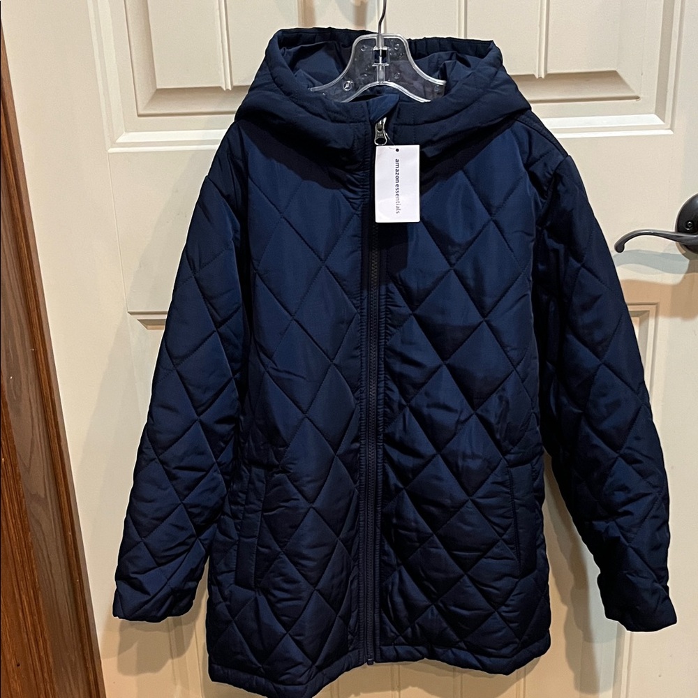 NWT Amazon Essentials Kids Navy Quilted Hooded Coat size M (8)